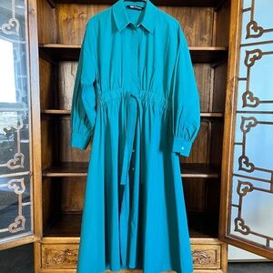 Zara (S) teal cotton shirt dress, EUC.